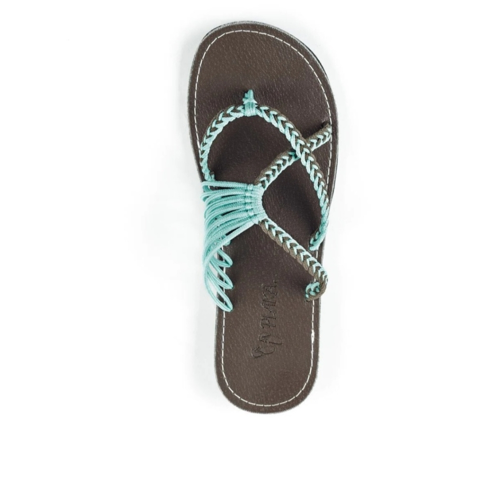 Plaka | Women's Brown And Turquoise Braided Oceanside Beach Flip Flops | Size 7